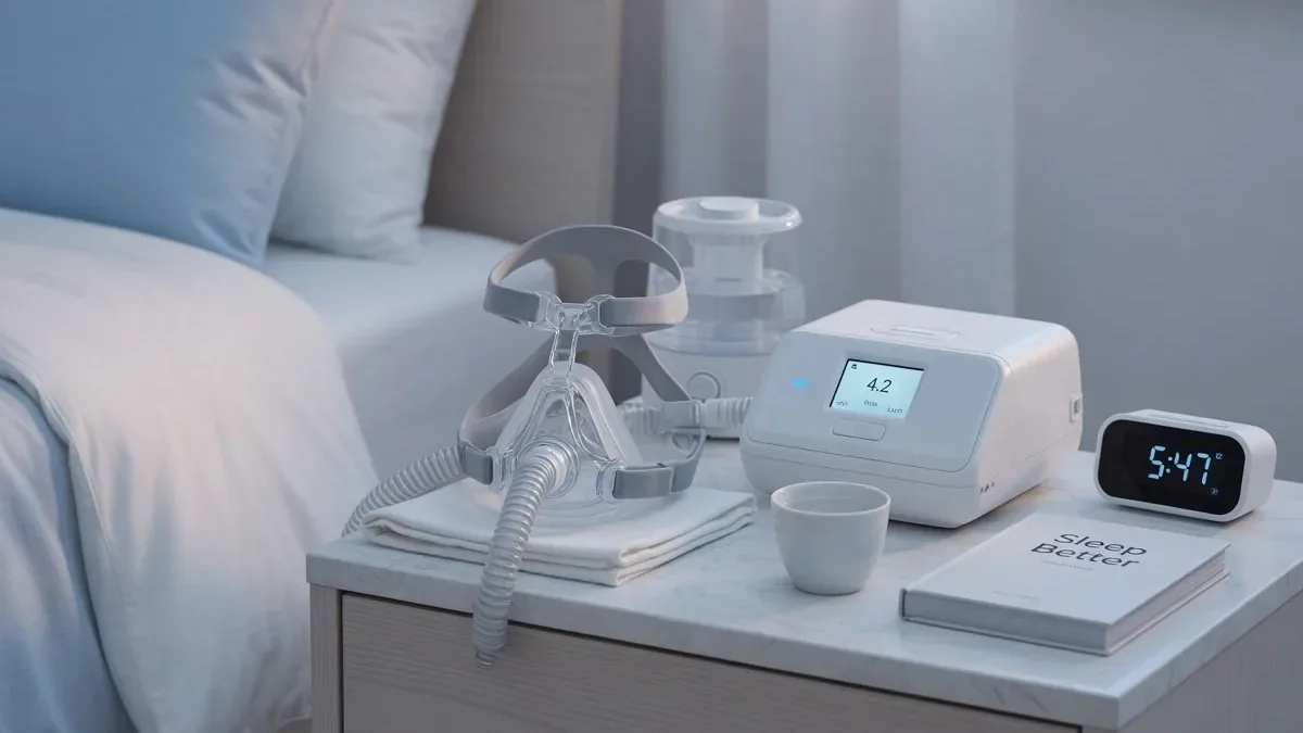 Equipo de CPAP con mascarilla sobre una mesilla de noche en un dormitorio luminoso