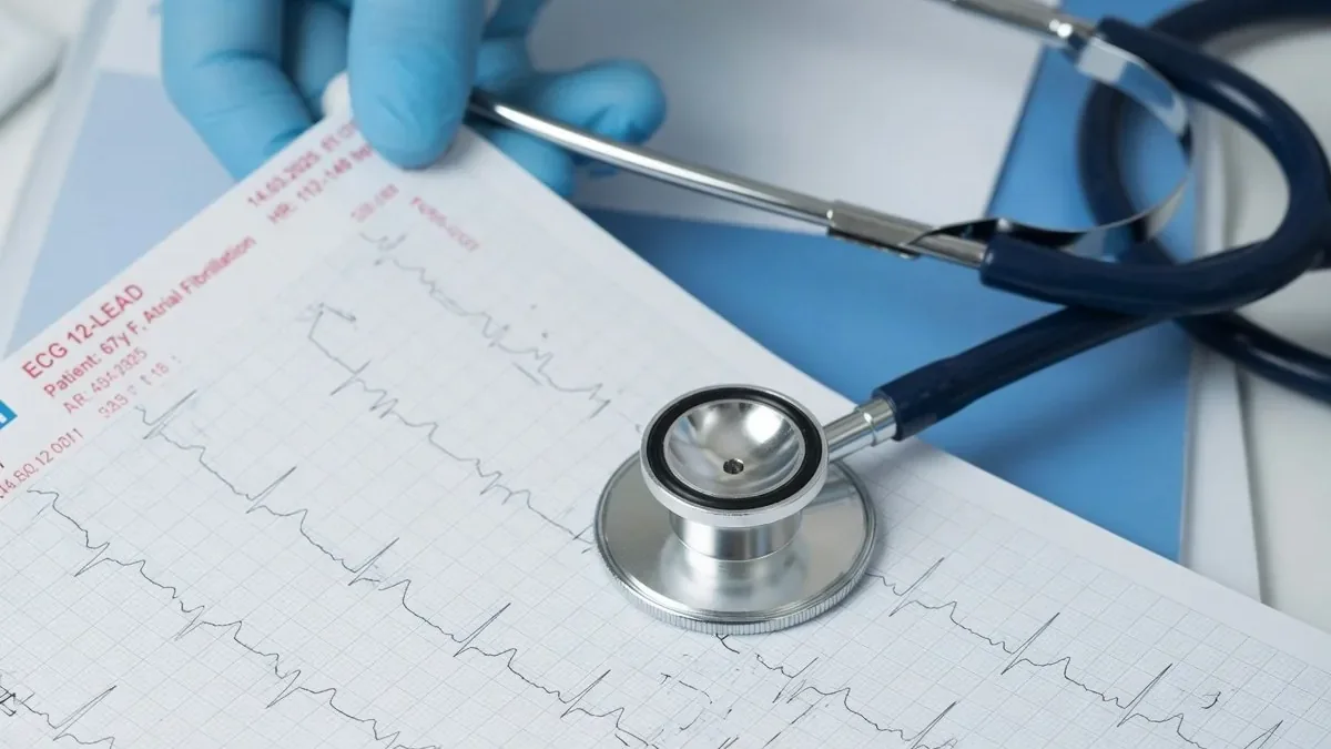 Estetoscopio sobre un electrocardiograma con ritmo irregular compatible con fibrilación auricular