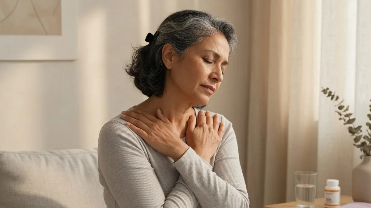 Mujer con dolor musculoesquelético crónico en cuello y hombro sentada junto a una ventana