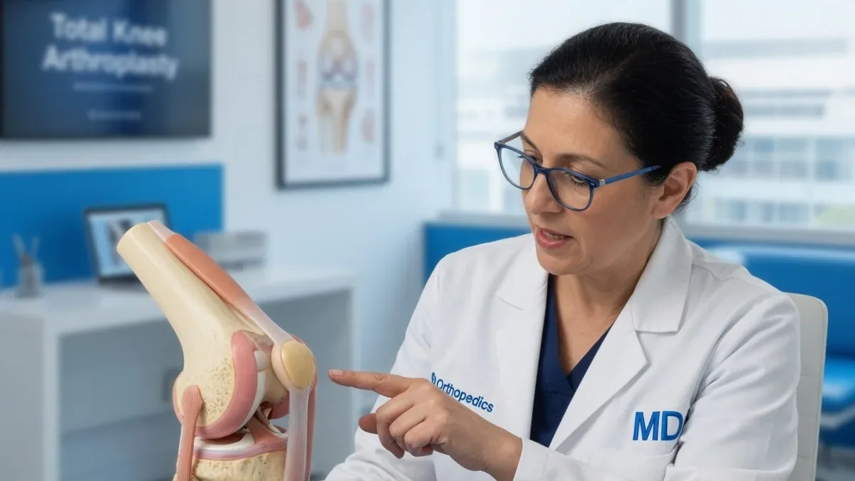 Modelo anatómico de rodilla junto a una prótesis articular en una consulta de traumatología